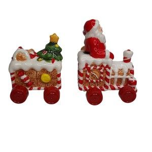 Santa Gingerbread Candy Train Salt & Pepper Shakers Porcelain Rolling Wheels